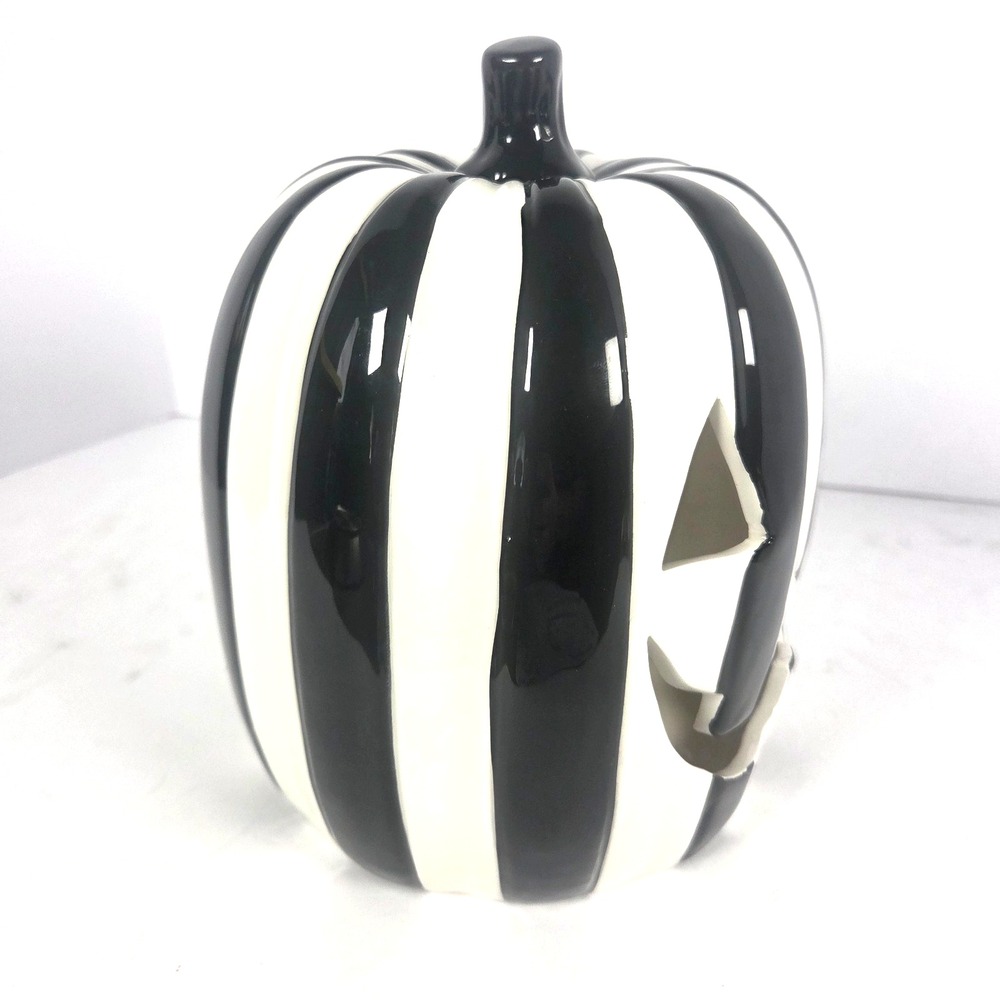 Jack O Lantern Lane Light Up Pumpkin 8.5 Inch Black White Striped Halloween - Picture 6 of 7